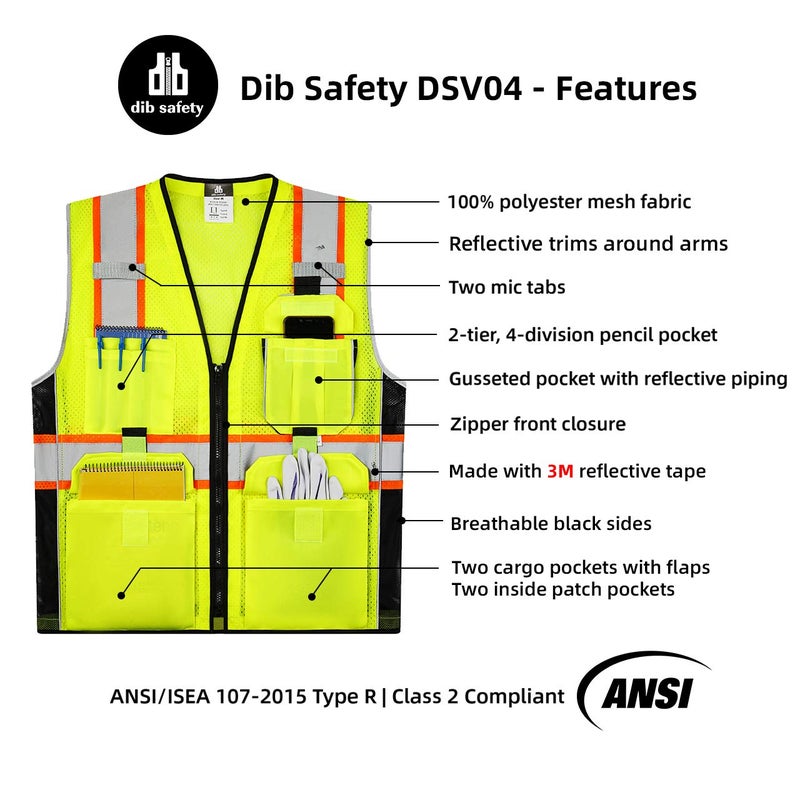 Dib Safety Reflective Vest Yellow Mesh, High Visibility Vest with Pockets and Zipper, ANSI Class 2 Heavy Duty, Made with 3M Reflective Tape L - Image 4